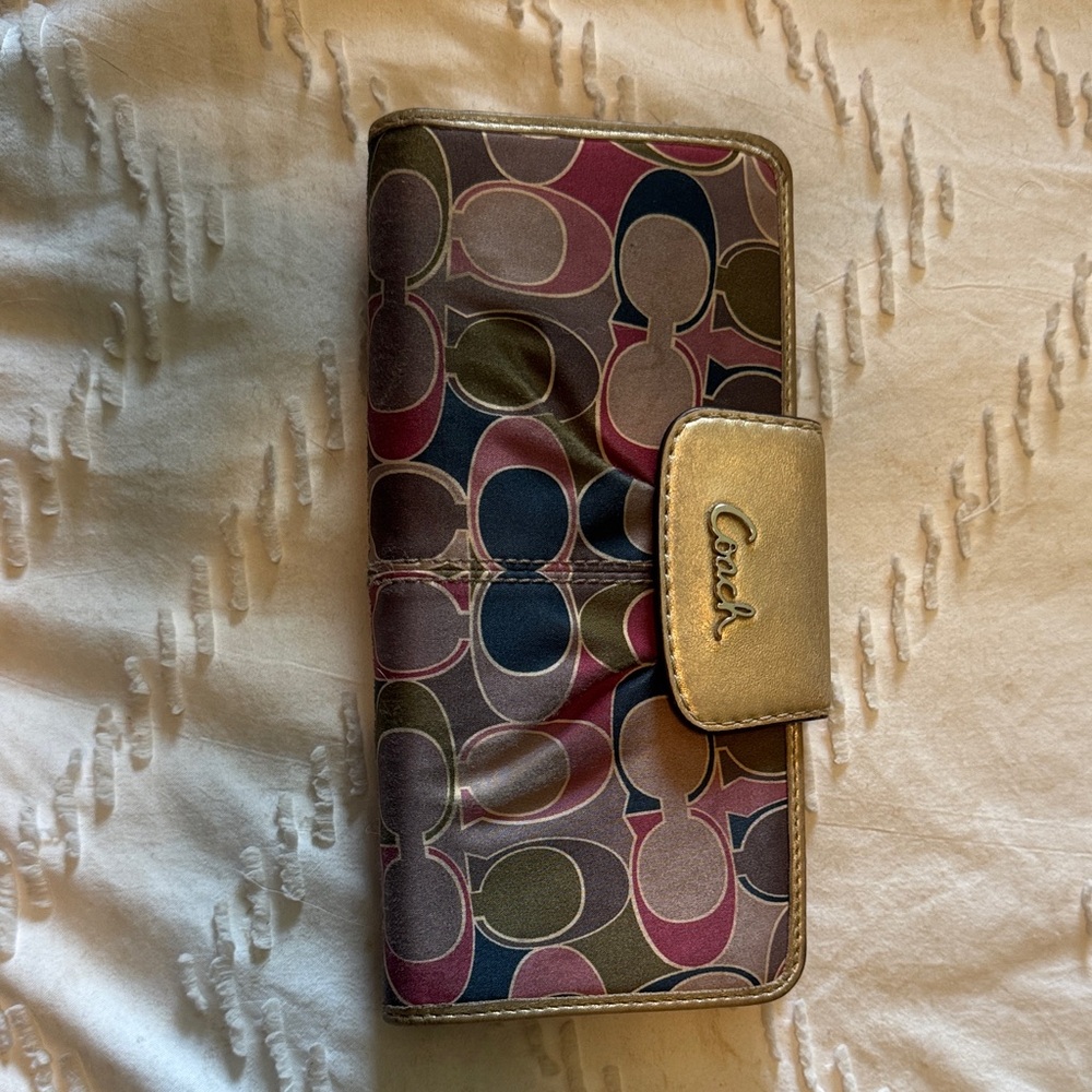 Coach Multicolor Signature Print Phone Wallet Case with Gold Trim